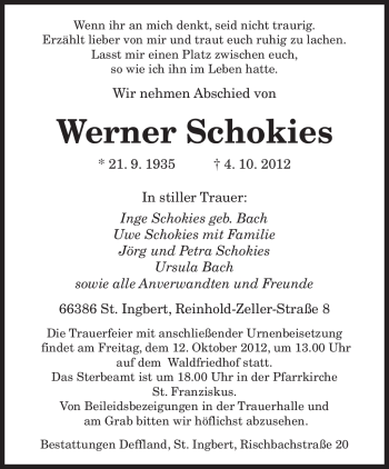 Traueranzeige von Werner Schockies von saarbruecker_zeitung