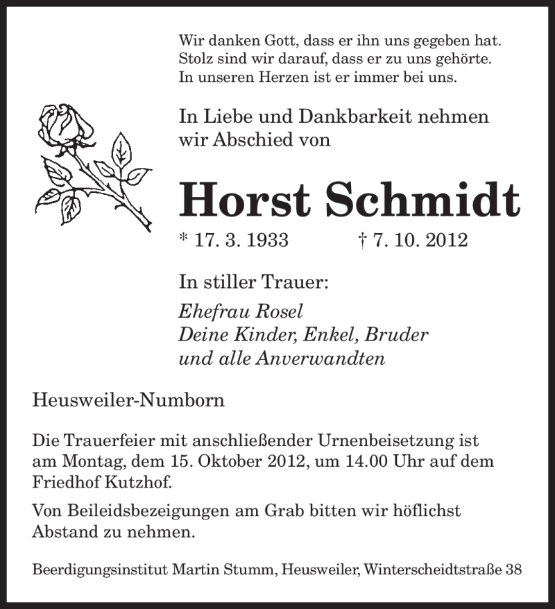  Traueranzeige für Horst Schmidt vom 11.10.2012 aus saarbruecker_zeitung