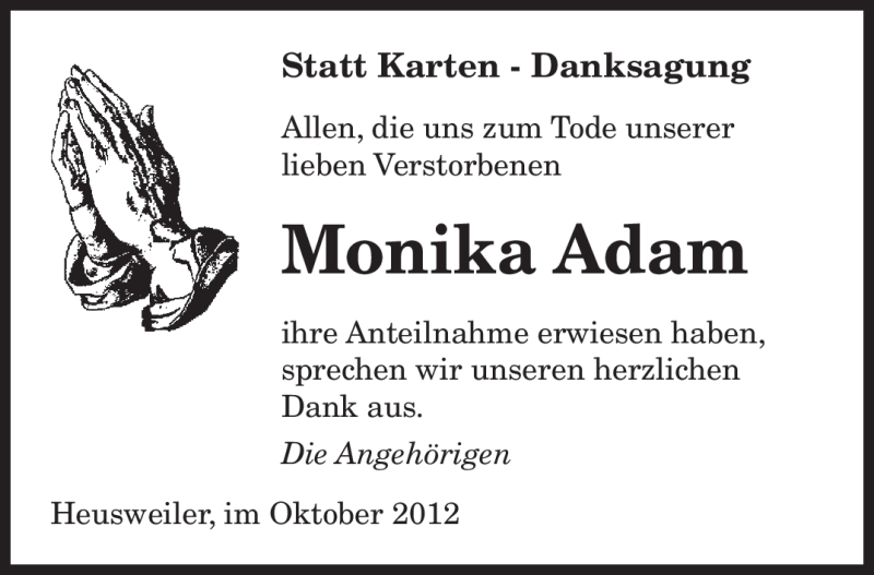  Traueranzeige für Monika Adam vom 13.10.2012 aus saarbruecker_zeitung