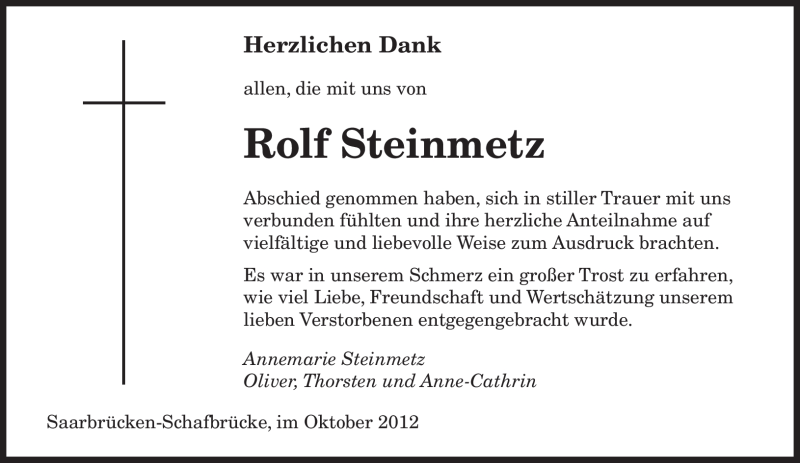  Traueranzeige für Rolf Steinmetz vom 13.10.2012 aus saarbruecker_zeitung