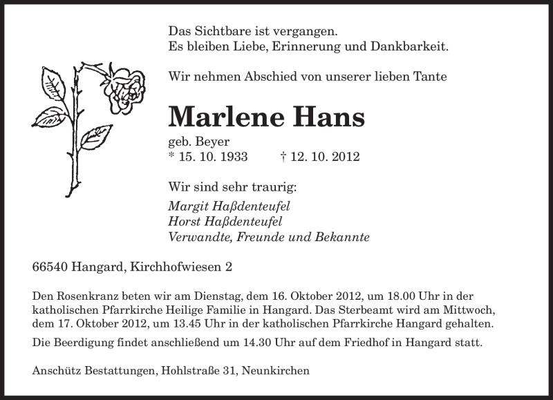  Traueranzeige für Marlene Hans vom 15.10.2012 aus saarbruecker_zeitung