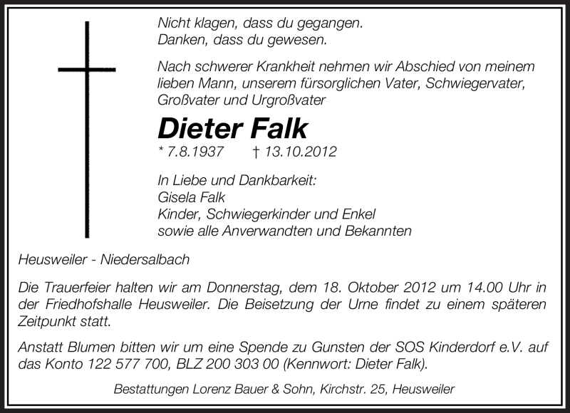  Traueranzeige für Dieter Falk vom 15.10.2012 aus saarbruecker_zeitung