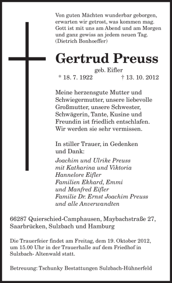 Traueranzeige von Gertrud Preuss von saarbruecker_zeitung