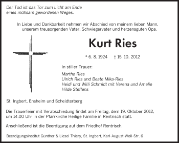 Traueranzeige von Kurt Ries von saarbruecker_zeitung