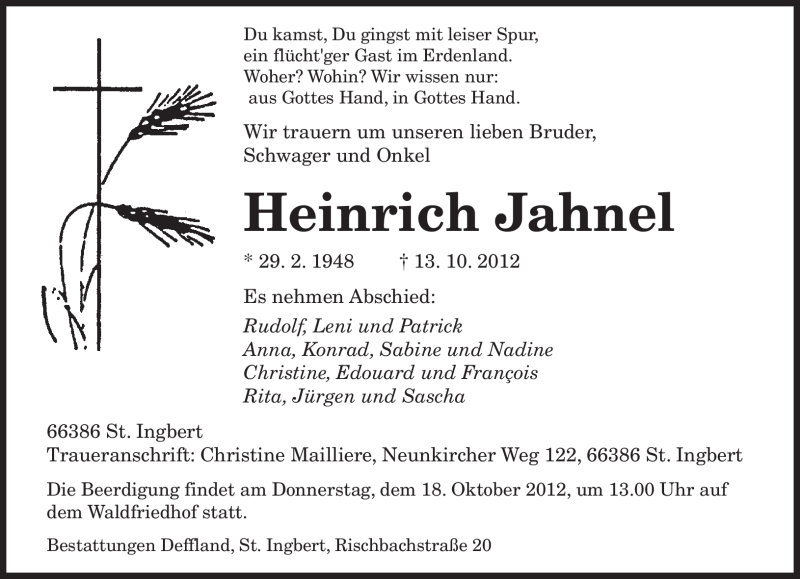  Traueranzeige für Heinrich Jahnel vom 17.10.2012 aus saarbruecker_zeitung