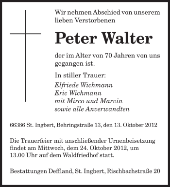 Traueranzeige von Peter Walter von saarbruecker_zeitung