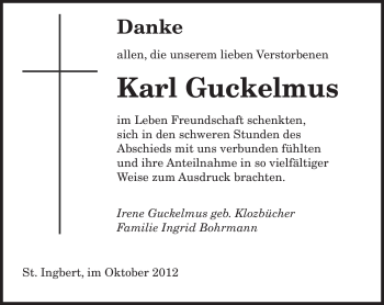 Traueranzeige von Karl Guckelmus von saarbruecker_zeitung