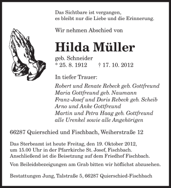 Traueranzeige von Hilda Müller von saarbruecker_zeitung