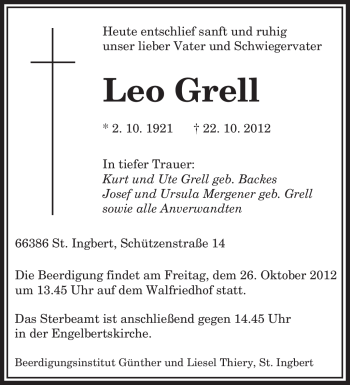 Traueranzeige von Leo Grell von saarbruecker_zeitung