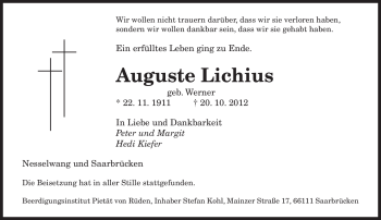 Traueranzeige von Auguste Lichius von saarbruecker_zeitung
