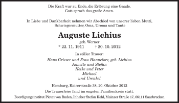Traueranzeige von Auguste Lichius von saarbruecker_zeitung