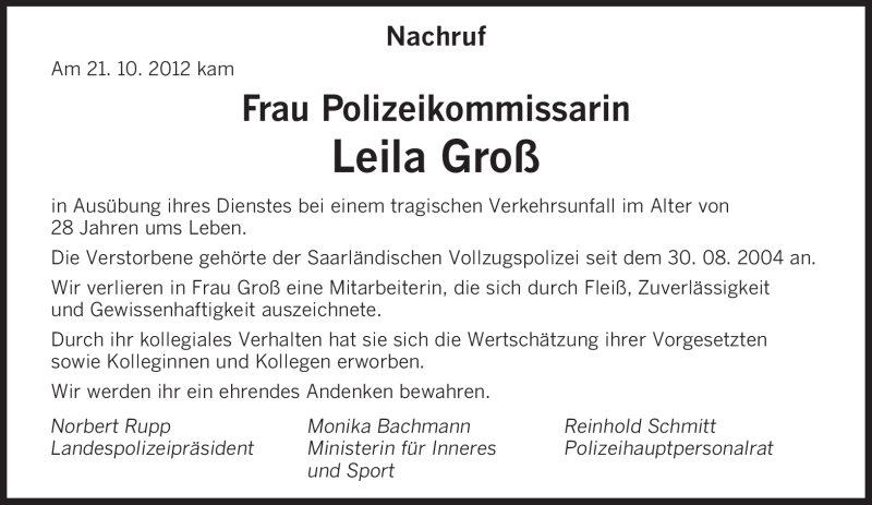  Traueranzeige für Leila Groß vom 24.10.2012 aus saarbruecker_zeitung