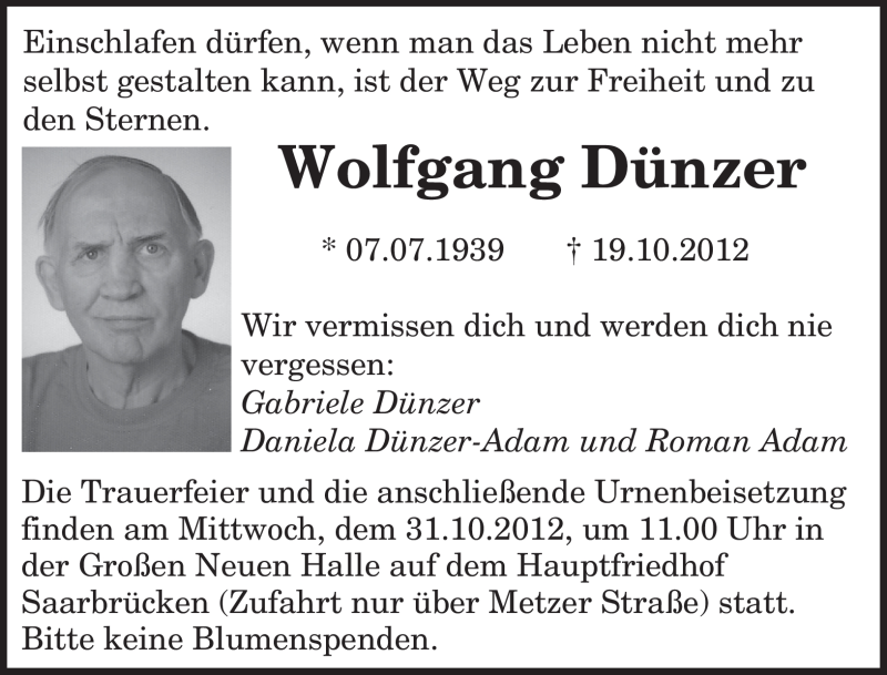  Traueranzeige für Wolfgang Dünzer vom 25.10.2012 aus saarbruecker_zeitung