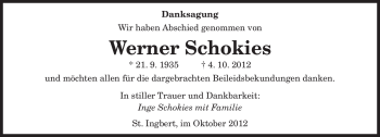 Traueranzeige von Werner Schokies von saarbruecker_zeitung