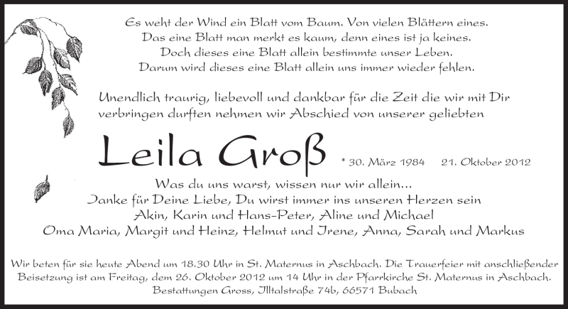  Traueranzeige für Leila Groß vom 25.10.2012 aus saarbruecker_zeitung