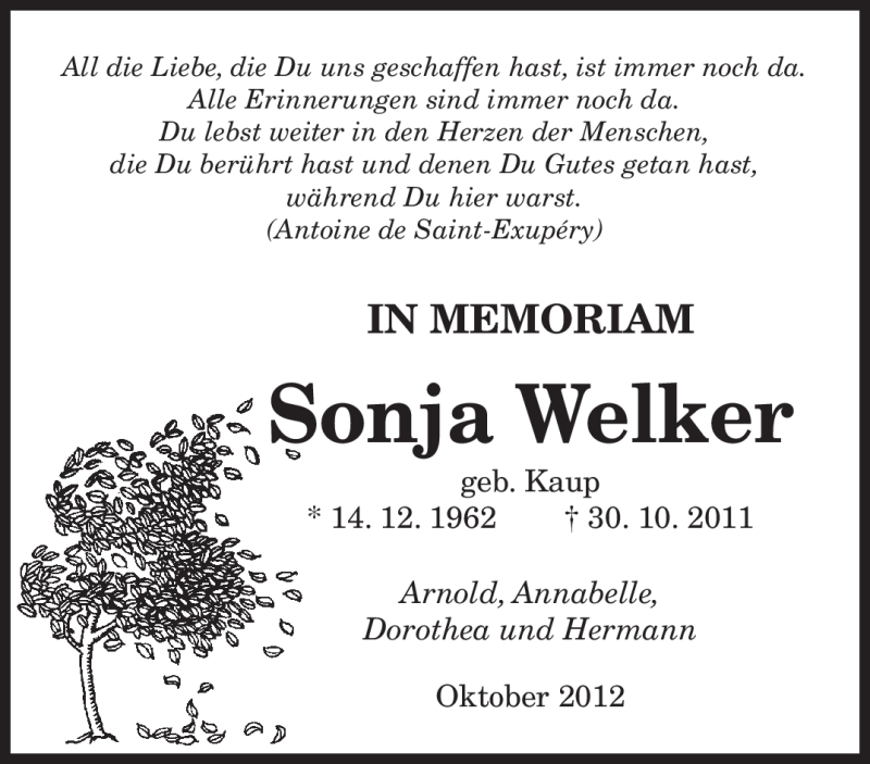  Traueranzeige für Sonja Welker vom 30.10.2012 aus saarbruecker_zeitung