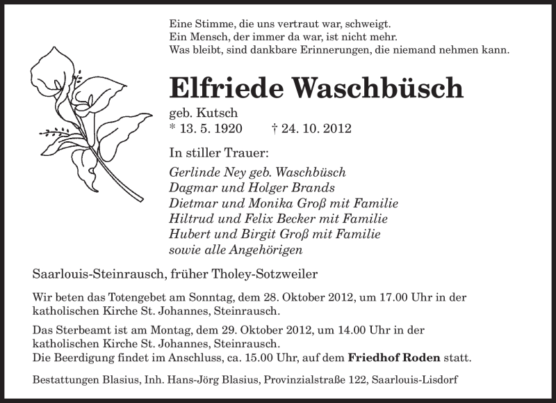  Traueranzeige für Elfriede Waschbüsch vom 27.10.2012 aus saarbruecker_zeitung