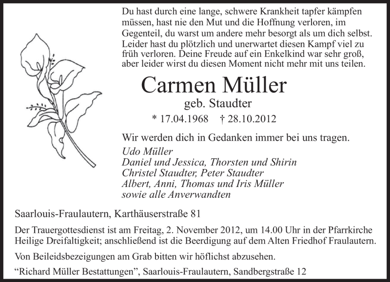  Traueranzeige für Carmen Müller vom 31.10.2012 aus saarbruecker_zeitung