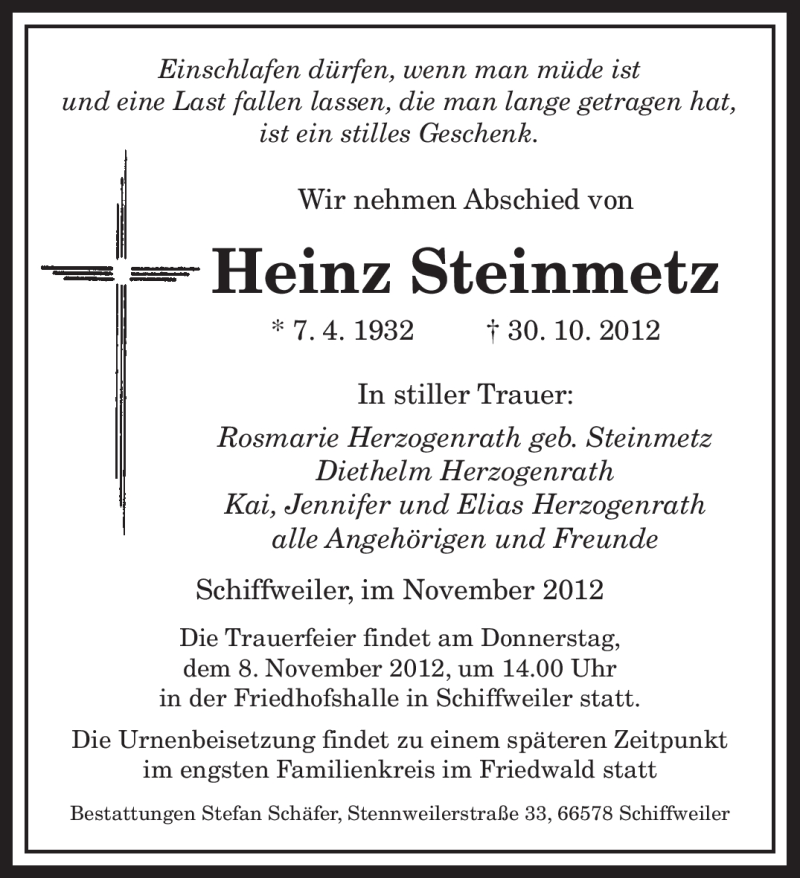  Traueranzeige für Heinz Steinmetz vom 03.11.2012 aus saarbruecker_zeitung