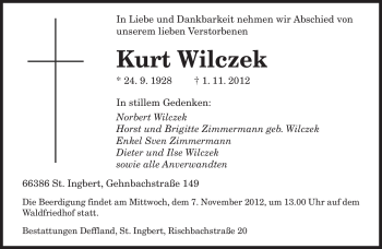 Traueranzeige von Kurt Wilczek von saarbruecker_zeitung