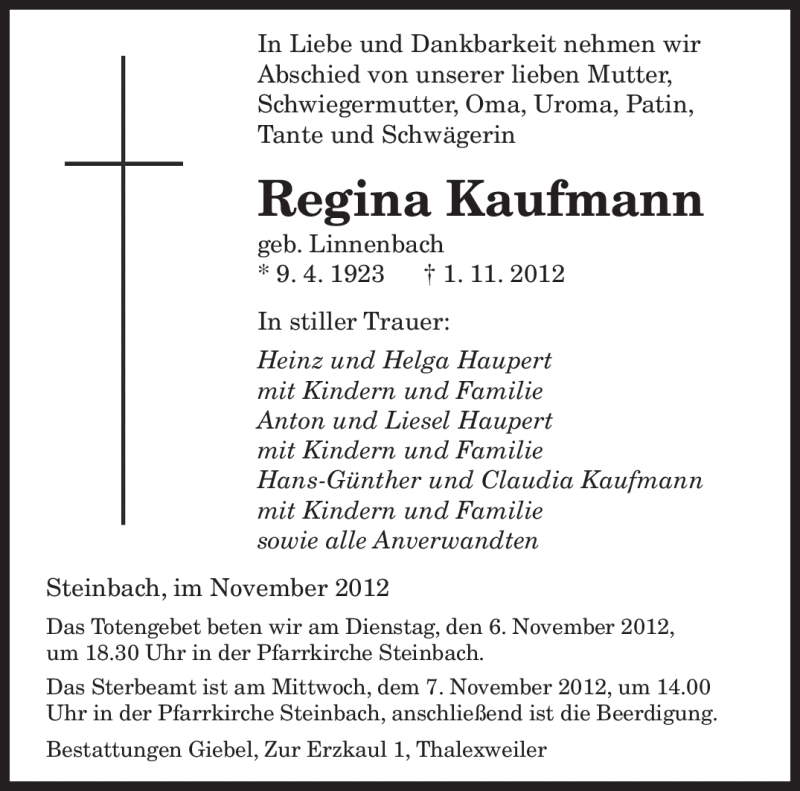  Traueranzeige für Regina Kaufmann vom 05.11.2012 aus saarbruecker_zeitung