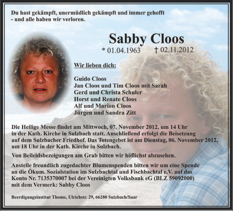  Traueranzeige für Sabby Cloos vom 05.11.2012 aus saarbruecker_zeitung