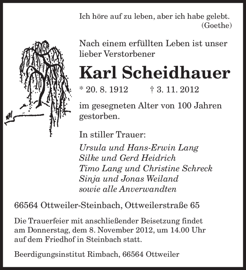  Traueranzeige für Karl Scheidhauer vom 06.11.2012 aus saarbruecker_zeitung