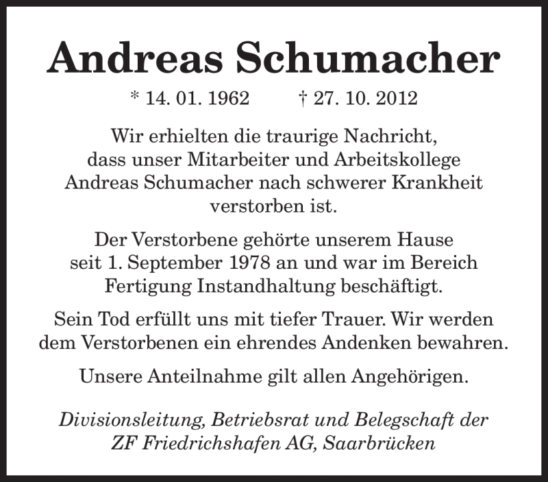  Traueranzeige für Andreas Schumacher vom 06.11.2012 aus saarbruecker_zeitung
