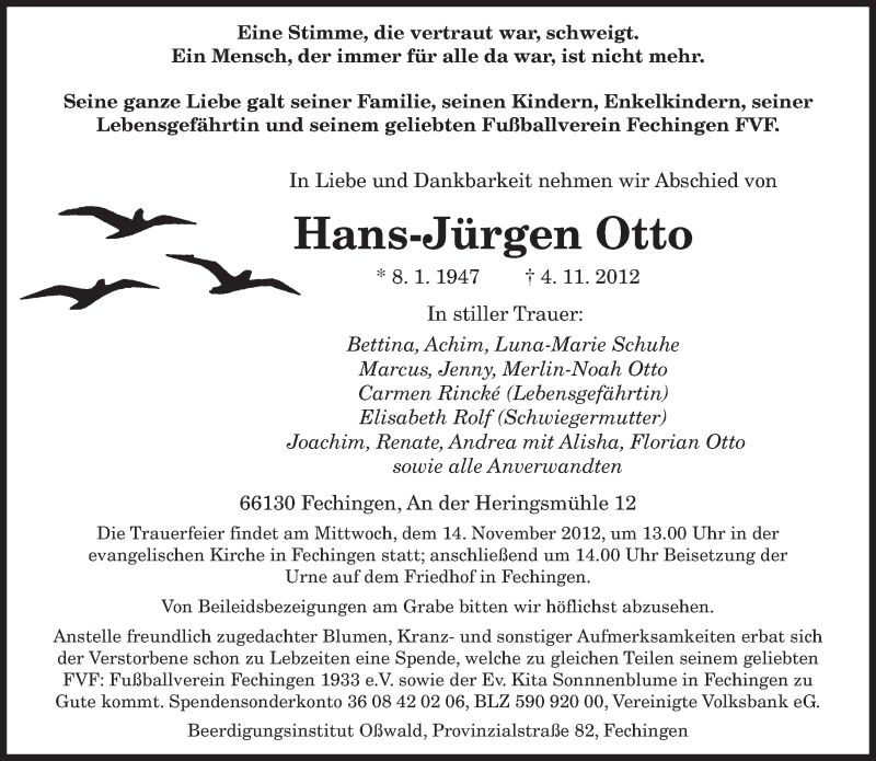  Traueranzeige für Hans-Jürgen Otto vom 10.11.2012 aus saarbruecker_zeitung