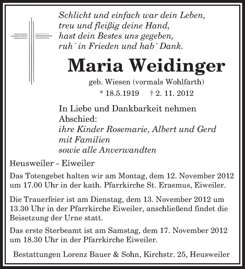  Traueranzeige für Maria Weidinger vom 10.11.2012 aus saarbruecker_zeitung