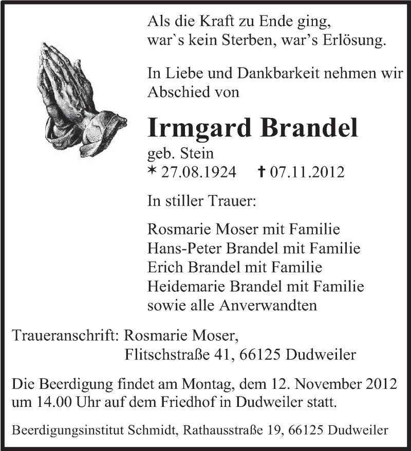  Traueranzeige für Irmgard Brandel vom 10.11.2012 aus saarbruecker_zeitung