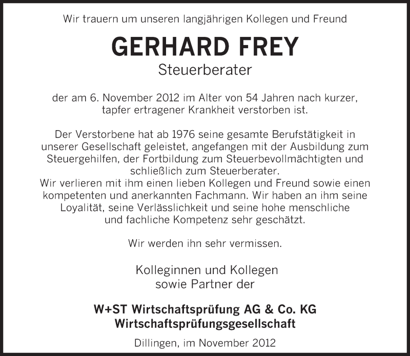  Traueranzeige für Gerhard Frey vom 10.11.2012 aus saarbruecker_zeitung