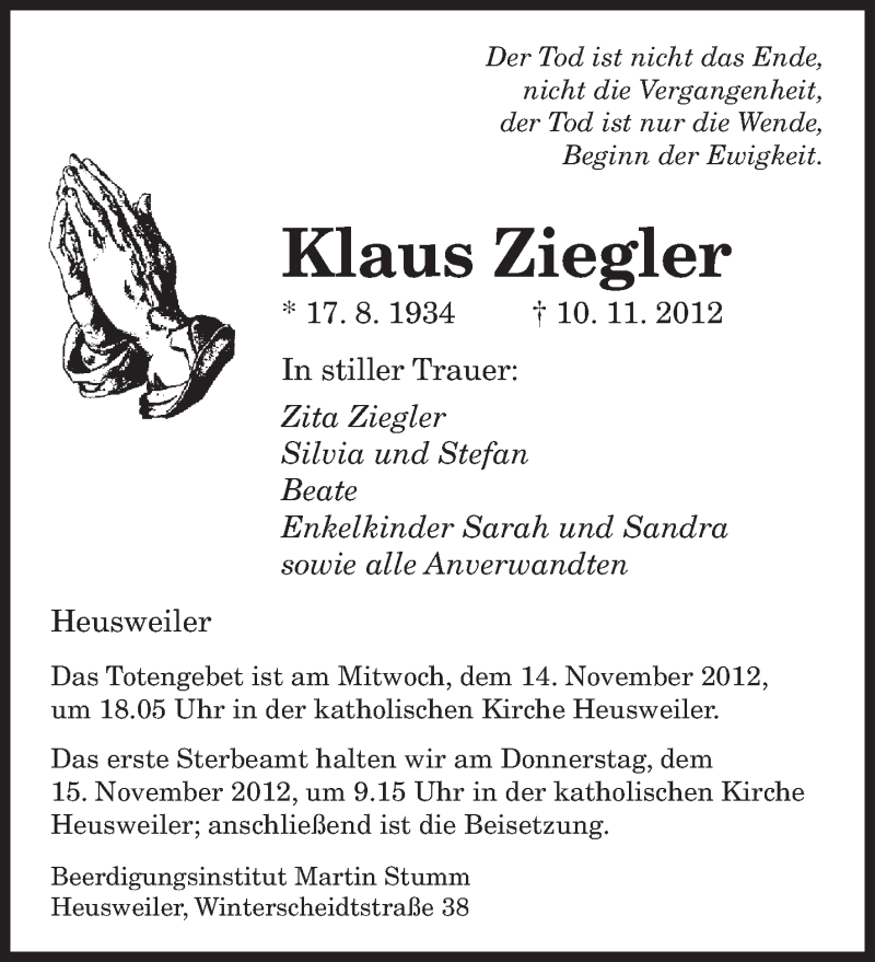  Traueranzeige für Klaus Ziegler vom 13.11.2012 aus saarbruecker_zeitung