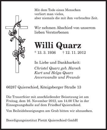 Traueranzeige von Willi Quarz von saarbruecker_zeitung