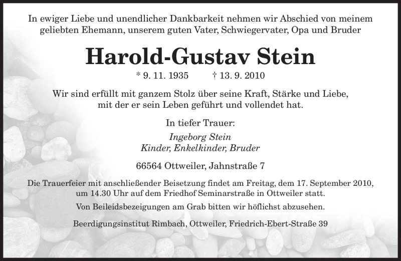  Traueranzeige für Harold-Gustav Stein vom 16.09.2010 aus SAARBRÜCKER ZEITUNG