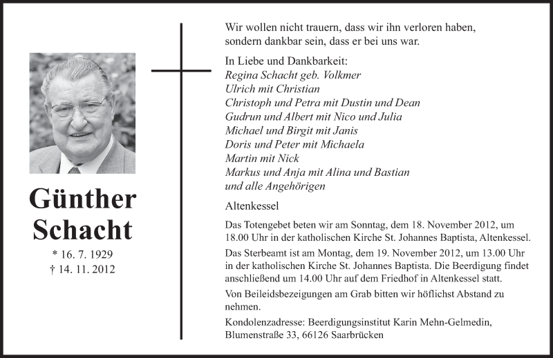 Traueranzeige für Günther Schacht vom 17.11.2012 aus saarbruecker_zeitung