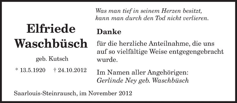  Traueranzeige für Elfriede Waschbüsch vom 17.11.2012 aus saarbruecker_zeitung
