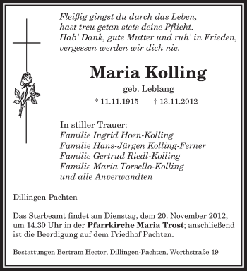 Traueranzeige von Maria Kolling von saarbruecker_zeitung