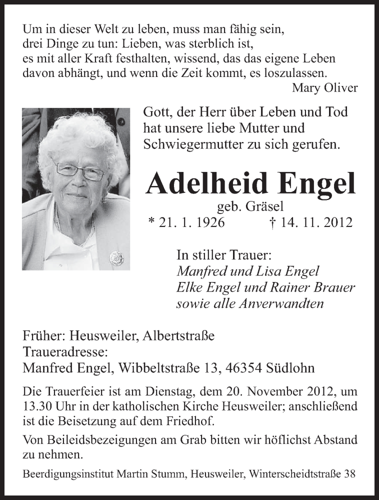  Traueranzeige für Adelheid Engel vom 17.11.2012 aus saarbruecker_zeitung