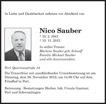 Traueranzeige von Nico Sauber von saarbruecker_zeitung