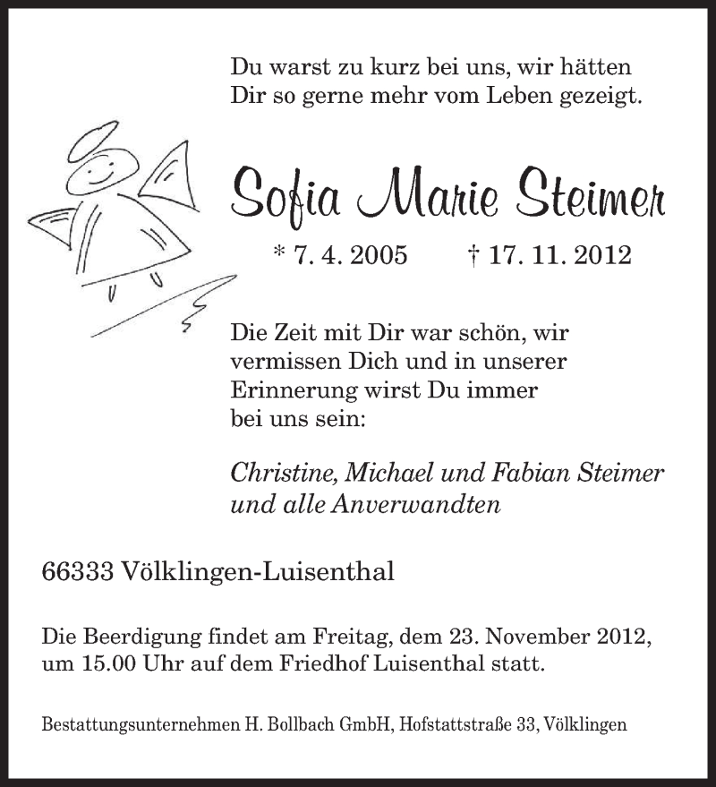  Traueranzeige für Sofia Marie Steimer vom 21.11.2012 aus saarbruecker_zeitung