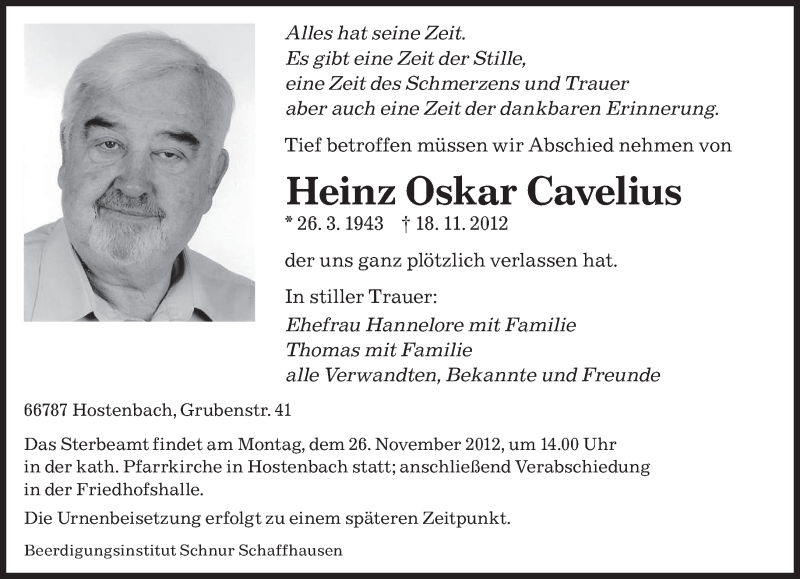  Traueranzeige für Heinz Oskar  Cavelius vom 24.11.2012 aus saarbruecker_zeitung