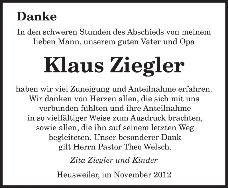  Traueranzeige für Klaus Ziegler vom 24.11.2012 aus saarbruecker_zeitung