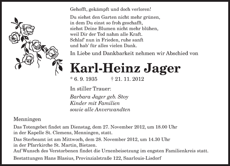  Traueranzeige für Karl-Heinz Jager vom 24.11.2012 aus saarbruecker_zeitung