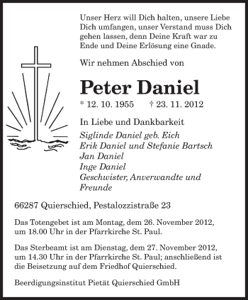 Traueranzeige von Peter Daniel von saarbruecker_zeitung