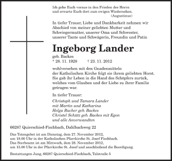 Traueranzeige von Ingeborg Lander von saarbruecker_zeitung