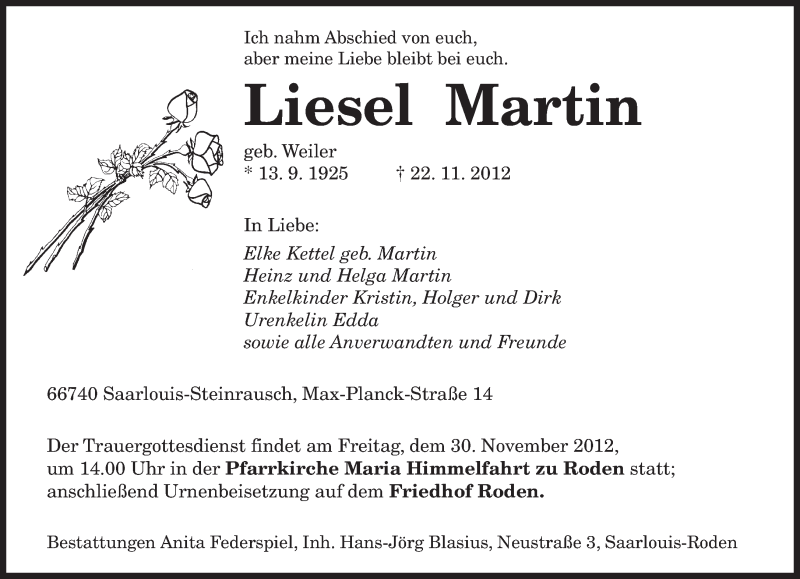  Traueranzeige für Liesel Martin vom 27.11.2012 aus saarbruecker_zeitung
