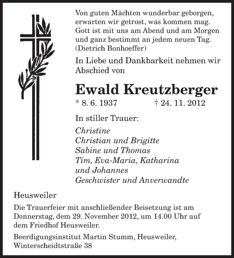  Traueranzeige für Ewald Kreutzberger vom 28.11.2012 aus saarbruecker_zeitung