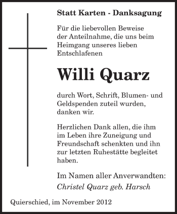 Traueranzeige von Willi Quarz von saarbruecker_zeitung