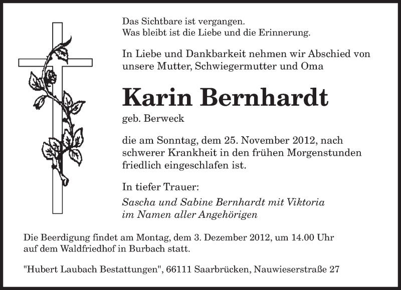  Traueranzeige für Karin Bernhardt vom 28.11.2012 aus saarbruecker_zeitung